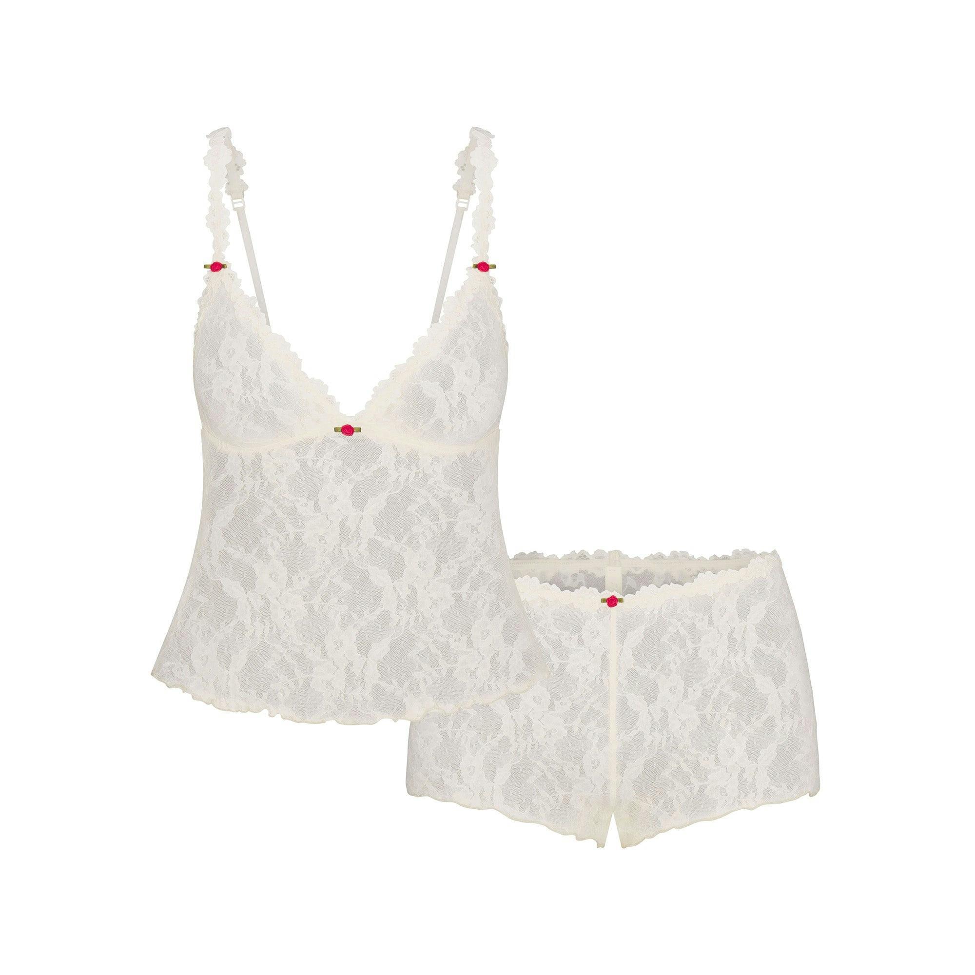 STRETCH LACE TRIANGLE CAMI AND SHORT SET | ECRU Product Image