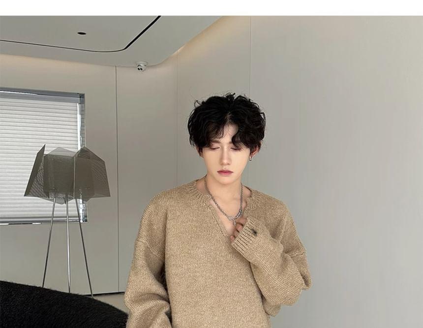 Notch Neck Letter Embroidered Oversized Sweater Product Image