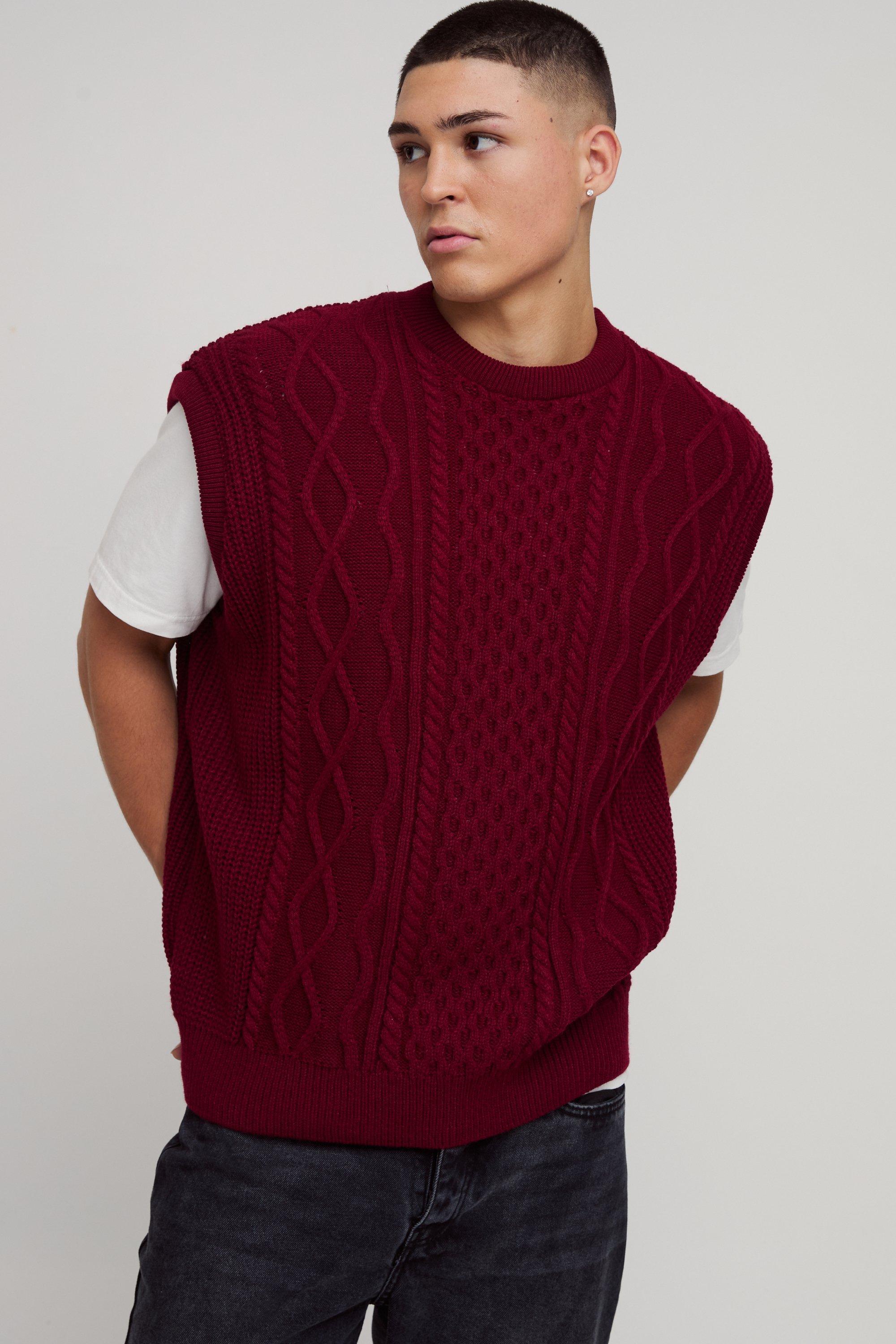 Oversized Crew Neck Cable Knitted Undershirt | boohooMAN USA Product Image