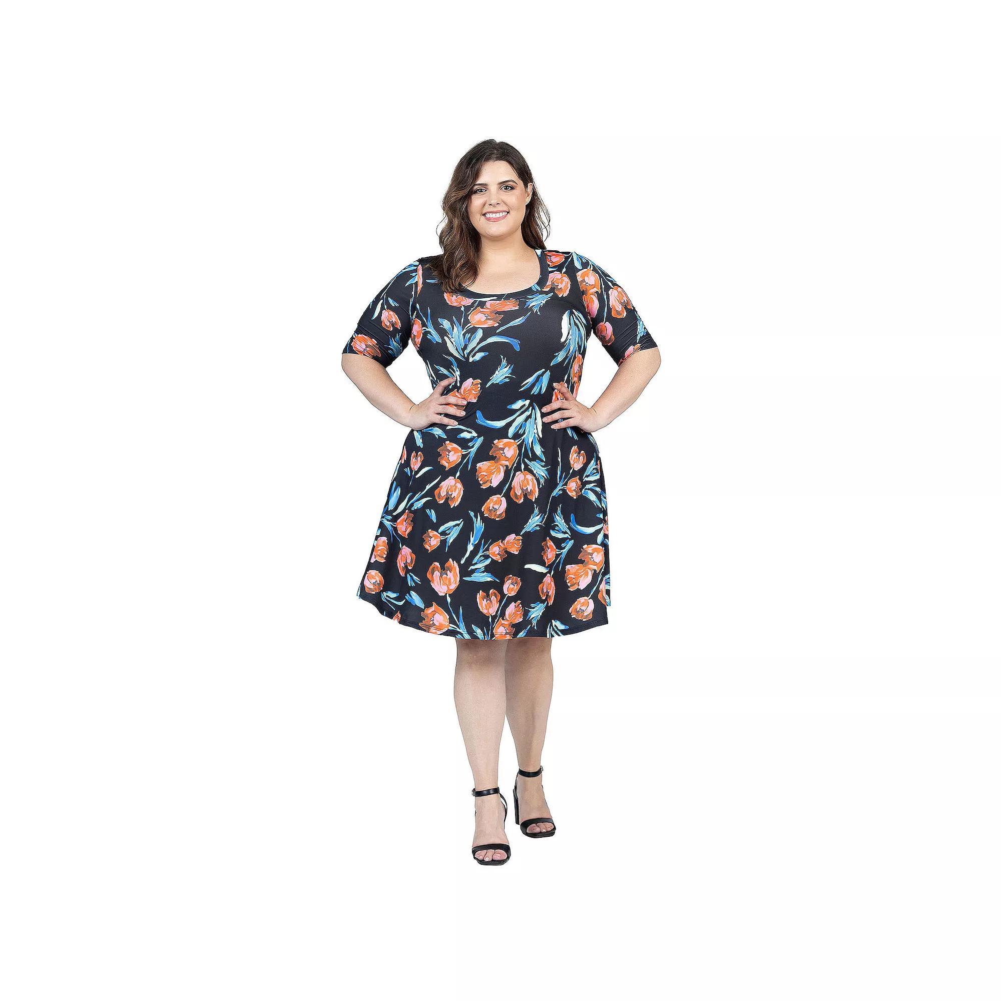 Plus Size 24Seven Comfort Apparel Geometric Print Knee Length Elbow Sleeve Dress, Women's, Size: 3XL, Pink Team Product Image