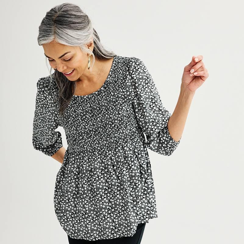 Women's Croft & Barrow® Three-Quarter Sleeve Smocked Blouse, Size: Medium, Blue Scatter Dot Product Image