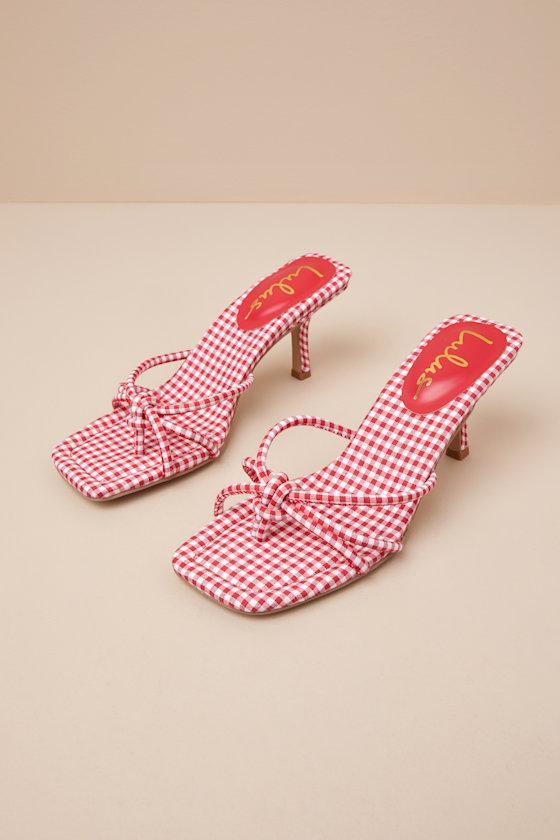Thorian Red Gingham Knotted Thong High Heel Sandals Product Image