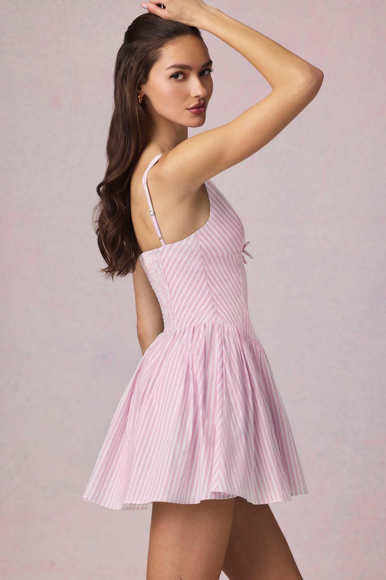Bow-Detail A-Line Mini Dress in Soft Mauve Stripe Product Image