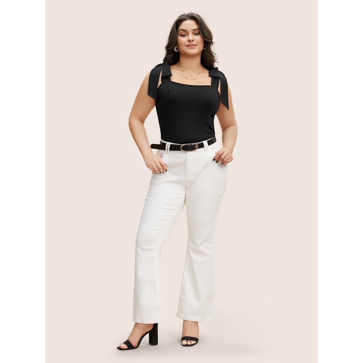 Plus Size Plain Square Neck Tie Knot Tank Top Women Black Elegant Tie knot Non Everyday Tank Tops Camis BloomChic 26/4X Product Image