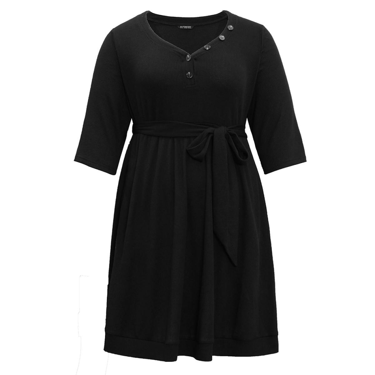 Plus Size Waffle Knit Button Detail Belted Dress Black Women Casual Plain V-neck Elbow-length sleeve Curvy Midi Dress BloomChic 22-24/3X Product Image
