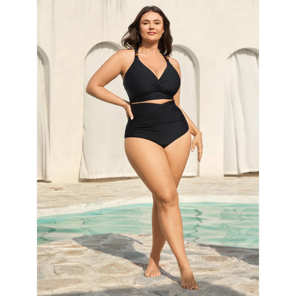 Plus Size Cross High Waist Ruched Swim Bottoms Women's Swimwear Black Beach Overlapping High stretch Skinny High Rise Curve Swim Bottoms BloomChic 14-16/1X Product Image