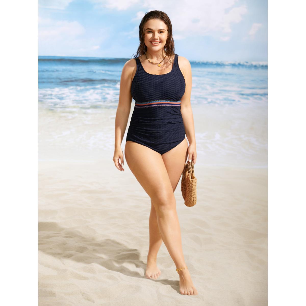 Plus Size U Neck Patchwork Contrast Webbing One Piece Swimsuit Women's Swimwear Midnight Beach Woven ribbon&lace trim Curve Bathing Suits High stretch One Pieces BloomChic 10/M Product Image