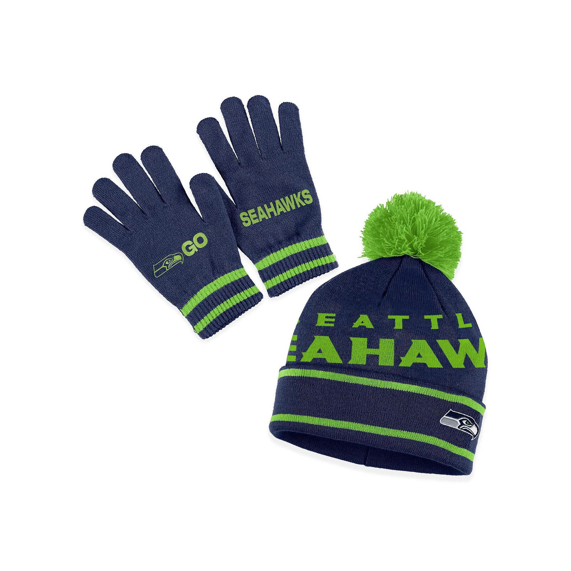 Womens WEAR by Erin Andrews College Seattle Seahawks Double Jacquard Cuffed Knit Hat with Pom and Gloves Set, Blue Product Image