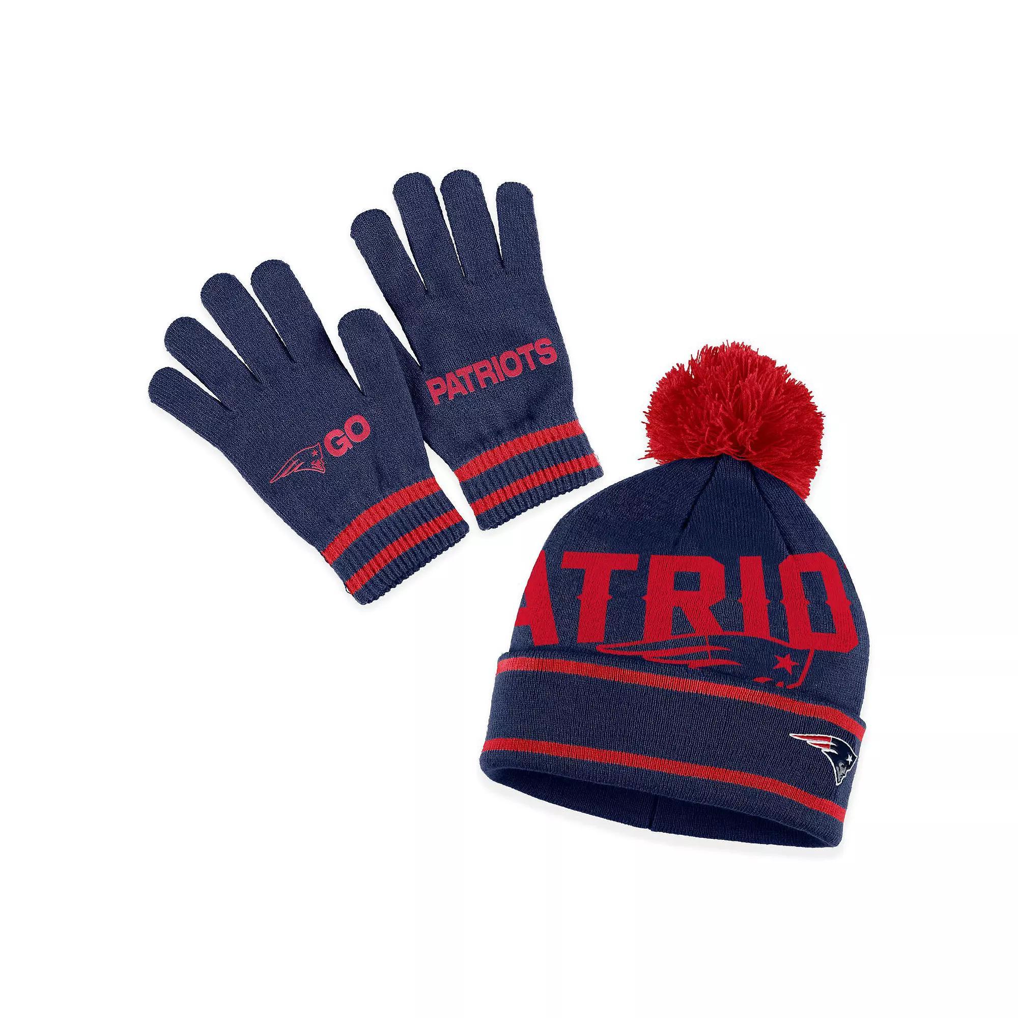 Women's WEAR by Erin Andrews  Navy New England Patriots Double Jacquard Cuffed Knit Hat with Pom and Gloves Set, Blue Product Image