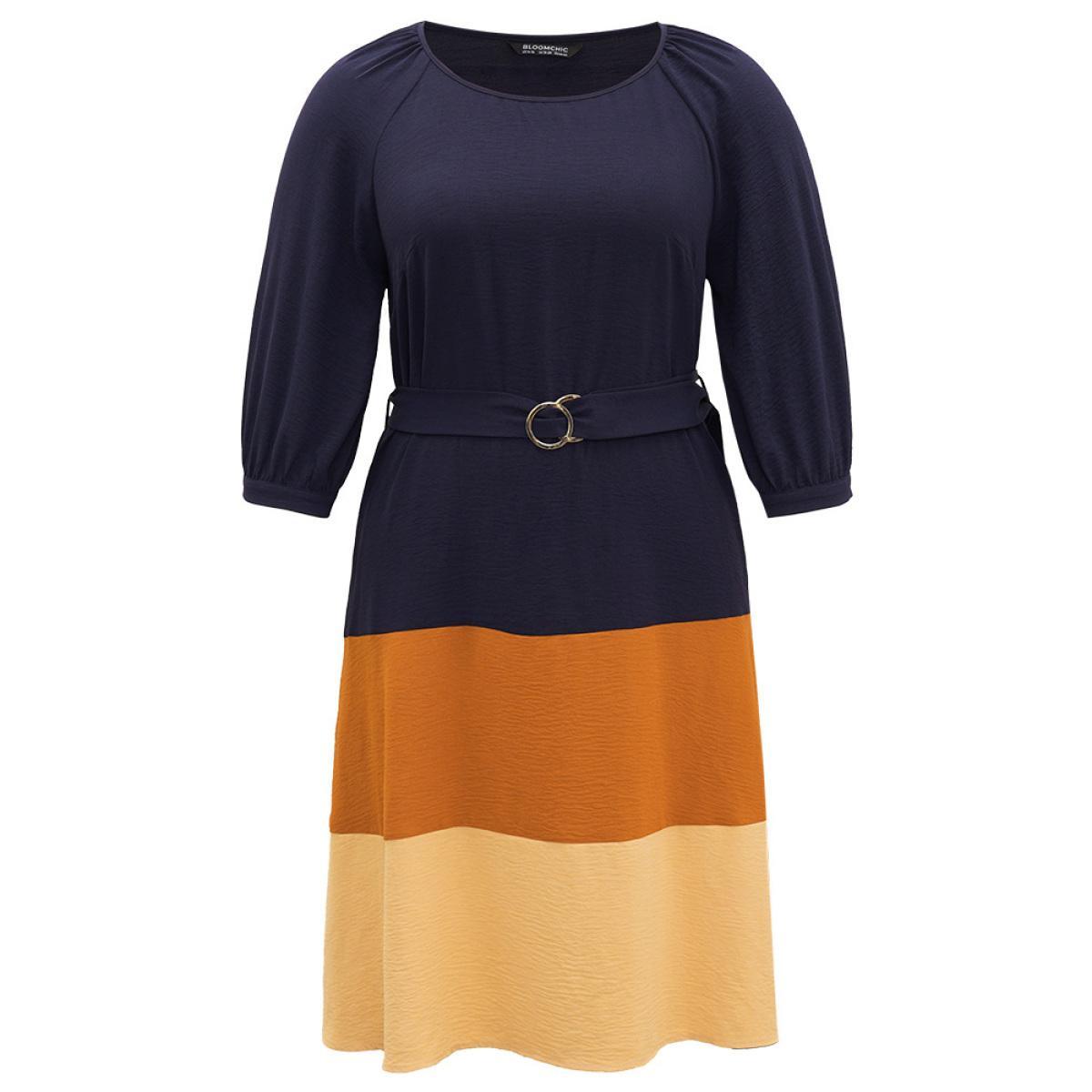 Plus Size Colorblock Contrast Metal Detail Lantern Sleeve Dress Midnight Women Casual Gathered Round Neck Elbow-length sleeve Curvy Midi Dress BloomChic 18-20/2X Product Image