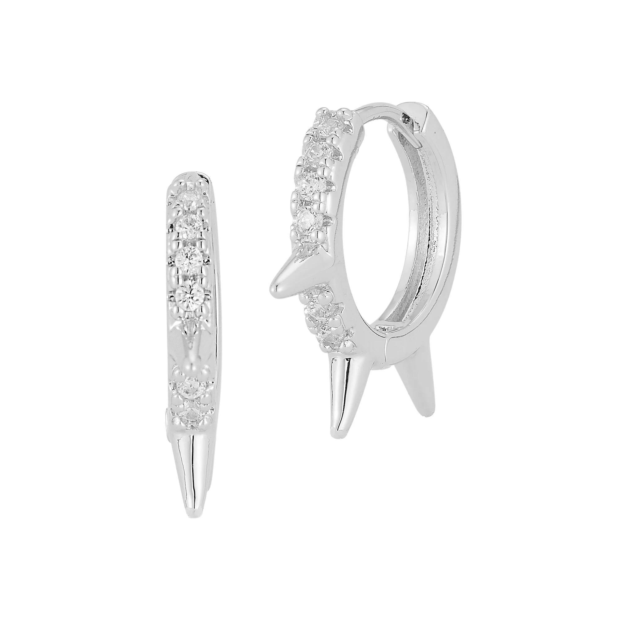 Cubic Zirconia Spiked Huggie Hoop Earrings, Women's, Silver Tone Product Image