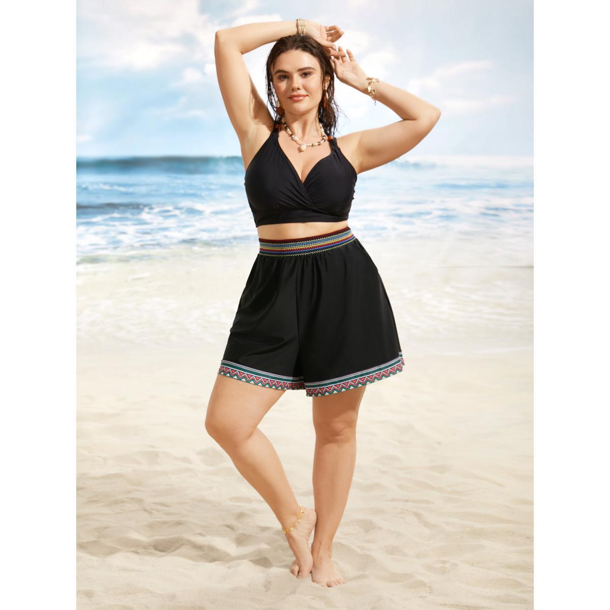 Plus Size Bandana Swim Contrast Webbing Pocket Bottom Women's Swimwear Black Beach Gathered High stretch Bodycon High Rise Slanted pocket Curve Swim Bottoms BloomChic 22-24/3X Product Image