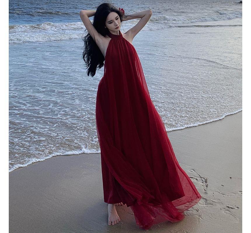 Halter-Neck Plain Open Back Midi Sundress Product Image