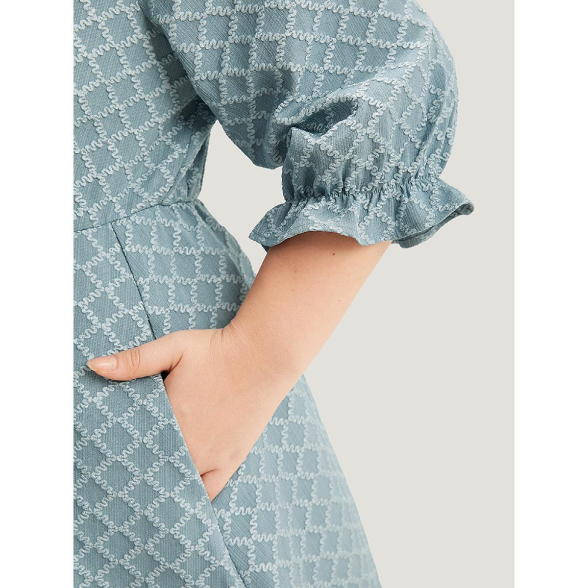 Plus Size Geo Plisse Pocket Lantern Sleeve Notched Dress Stone Women Office Elastic cuffs Notched collar Half Sleeve Curvy Knee Dress BloomChic 26/4X Product Image