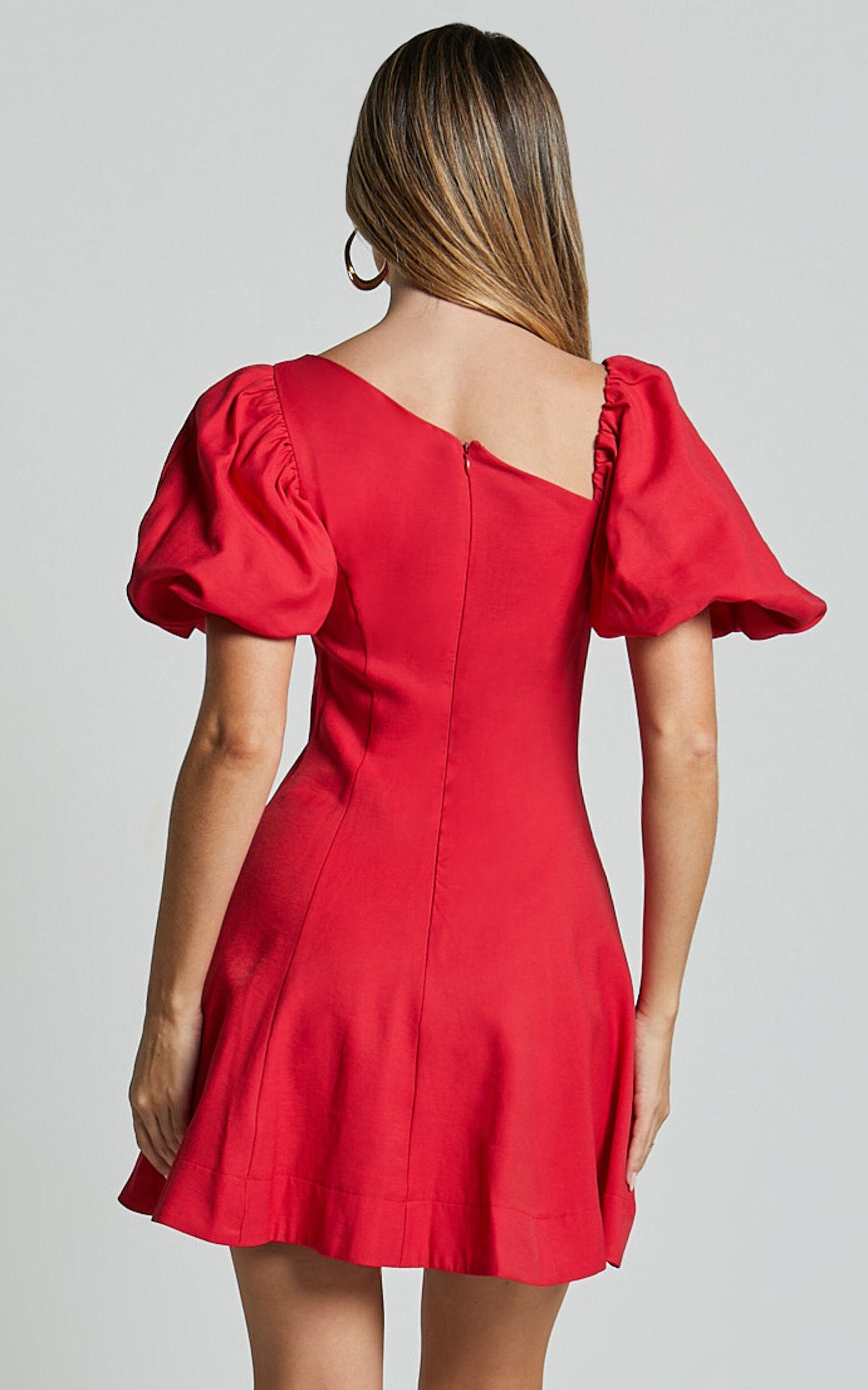 Harlow Mini Dress - Asymmetric Puff Sleeve Flare Dress in Red Product Image
