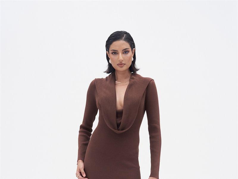 Long Sleeve Cowl Neck Plain Maxi Sheath Dress Product Image
