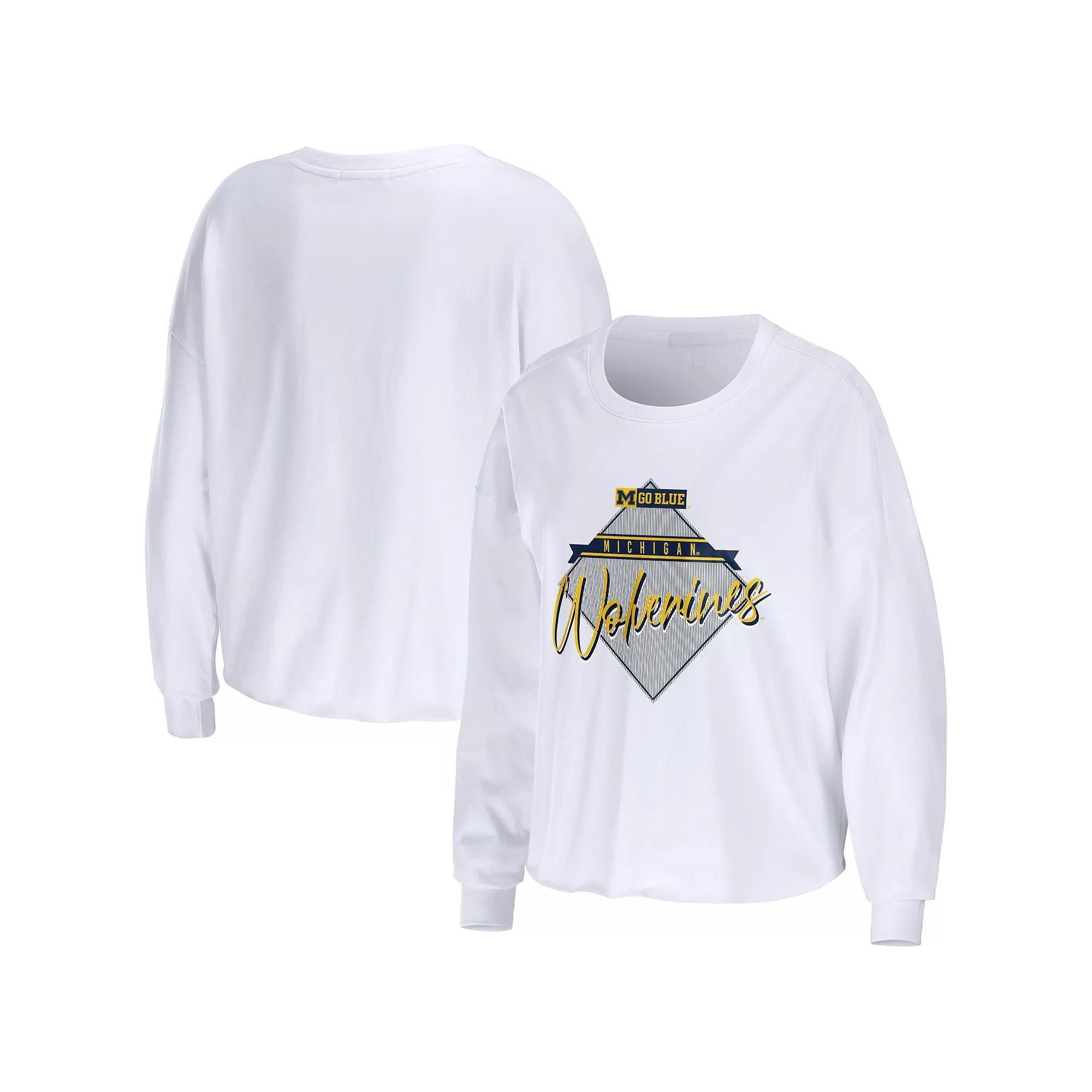 Women's WEAR by Erin Andrews White Michigan Wolverines Diamond Long Sleeve Cropped T-Shirt, Size: Large Product Image