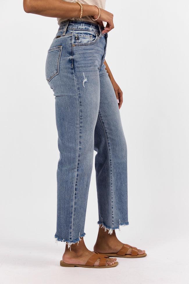 Briauna Light Wash Distressed Hem Ankle Length Wide Leg Jeans Product Image