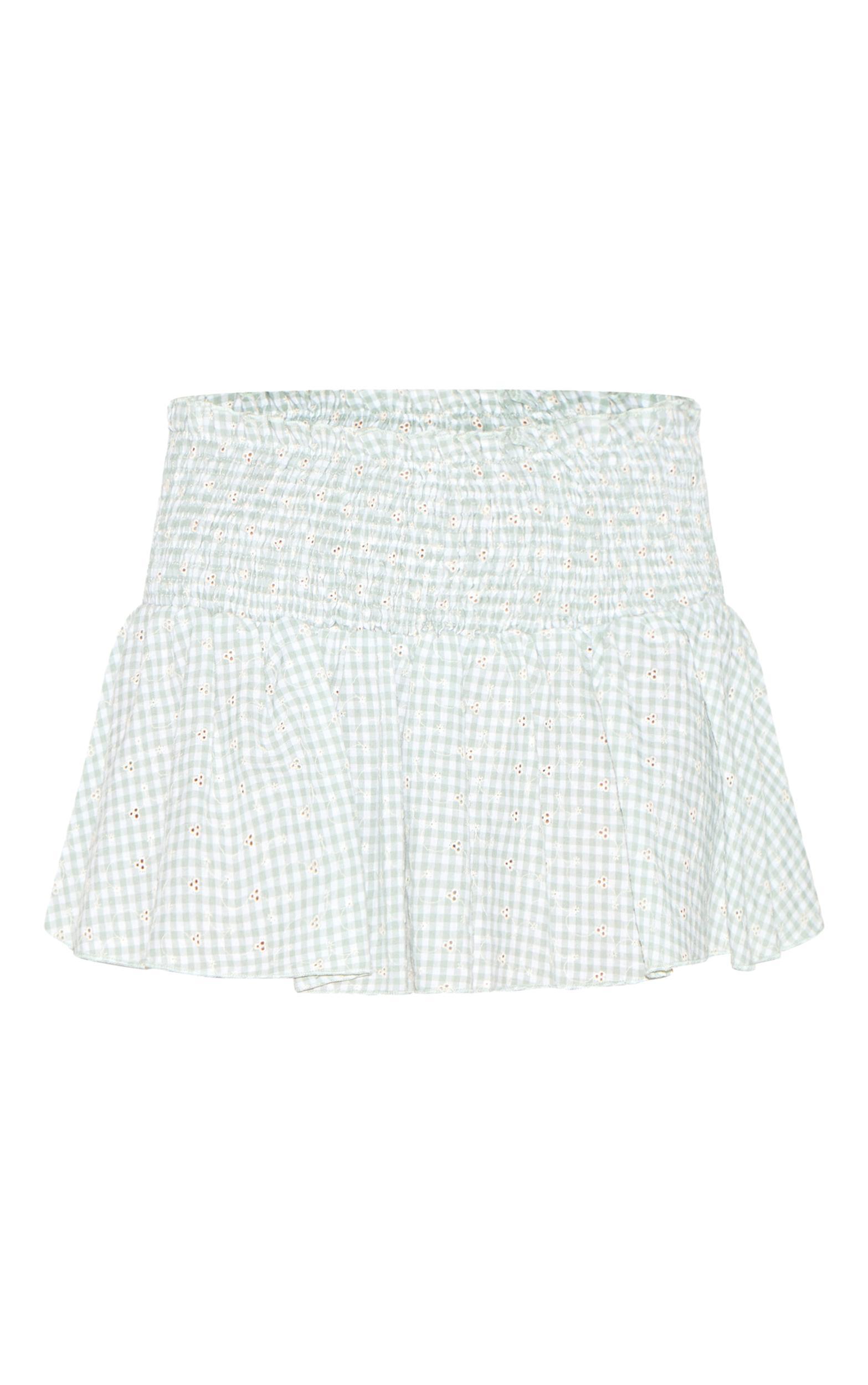 Sage Gingham Broderie Embroidered Shirred Waist Mini Skirt Product Image