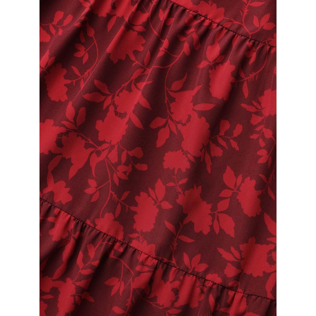 Plus Size Silhouette Floral Print Ruffle Layered Hem Skirt Women Deepred Elegant Loose Low stretch Side seam pocket Everyday Skirts BloomChic 14-16/1X Product Image