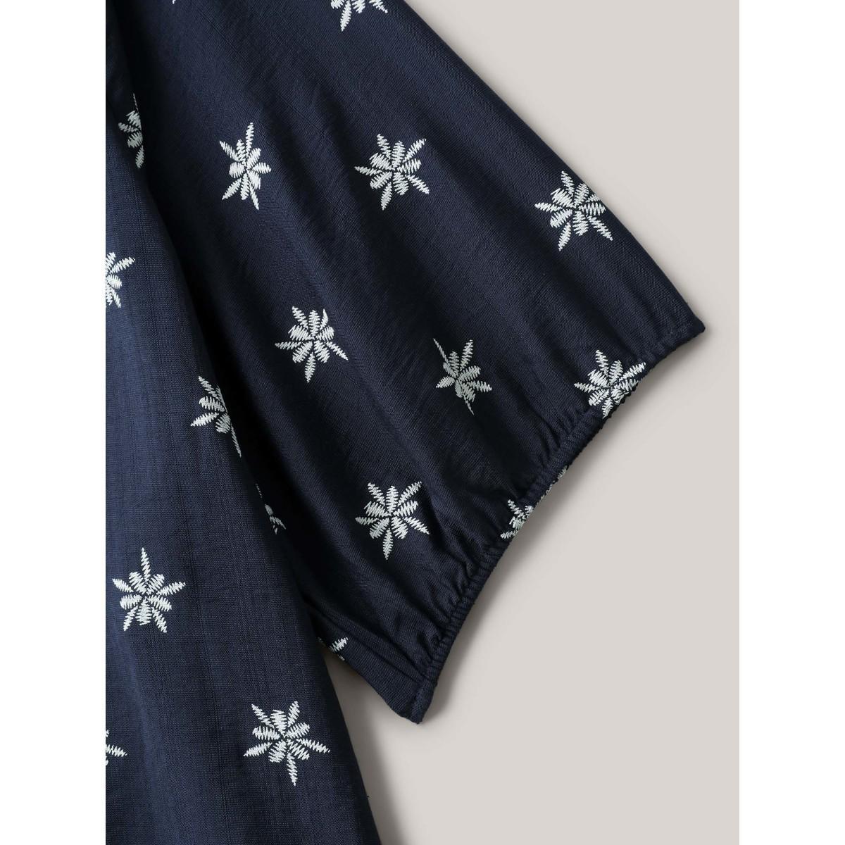 Plus Size Indigo Boho Print Keyhole Pleated Blouse Women Half Sleeve V-neck Vacation Blouses BloomChic 14-16/1X Product Image