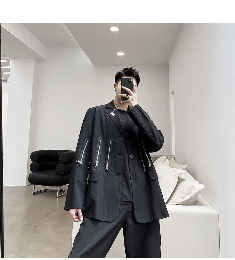 Plain Zip Detail Single-Breasted Blazer Product Image