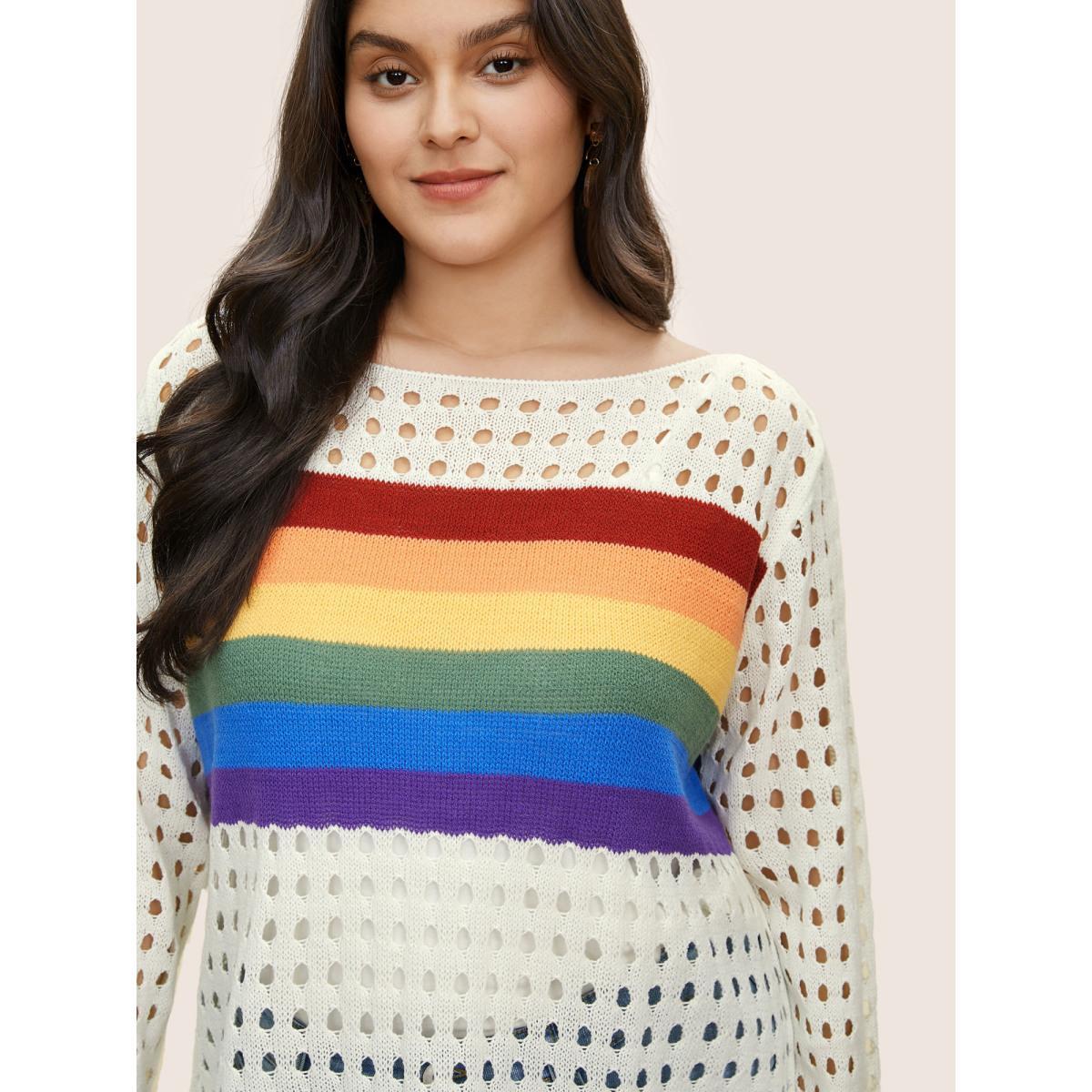 Plus Size Contrast Striped Boat Neck Cut Out Pullover White Women Resort Long Sleeve Boat Neck Vacation Pullovers BloomChic 10/M Product Image