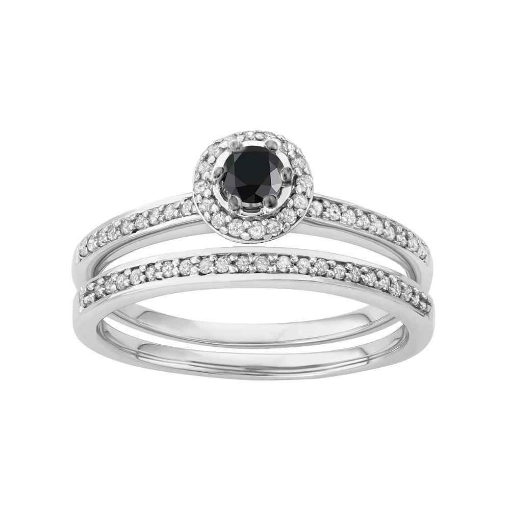 10k White Gold 1/2 Carat T.W. Black & White Diamond Halo Engagement Ring Set, Women's, Size: 5 Product Image
