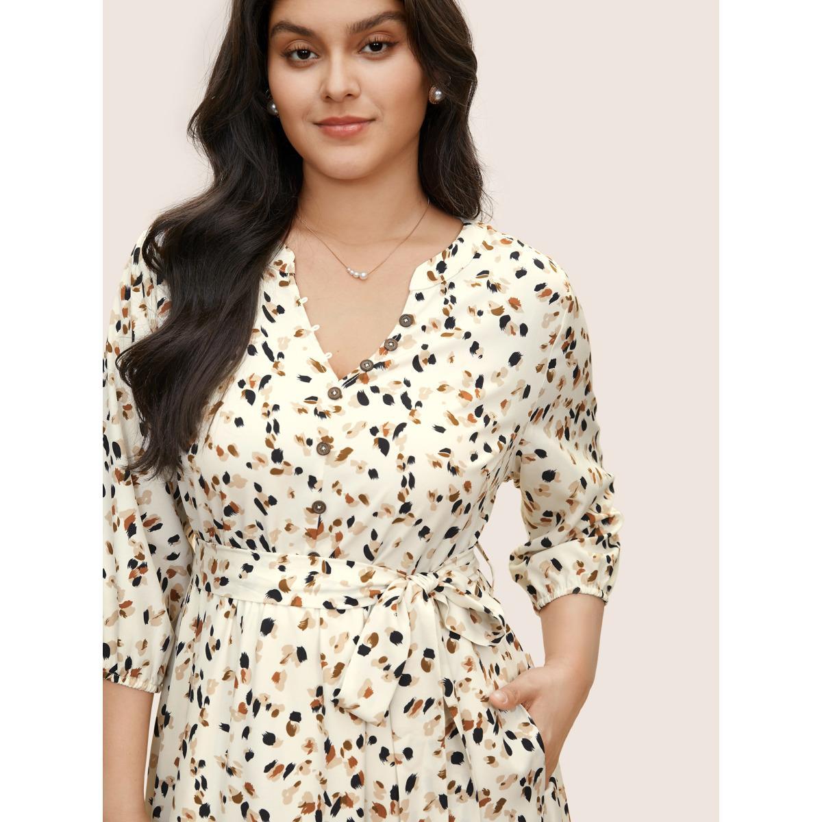 Plus Size Allover Print Notched Belted Button Detail Dress Apricot Women At the Office Non Notched collar Elbow-length sleeve Curvy Midi Dress BloomChic 22-24/3X Product Image