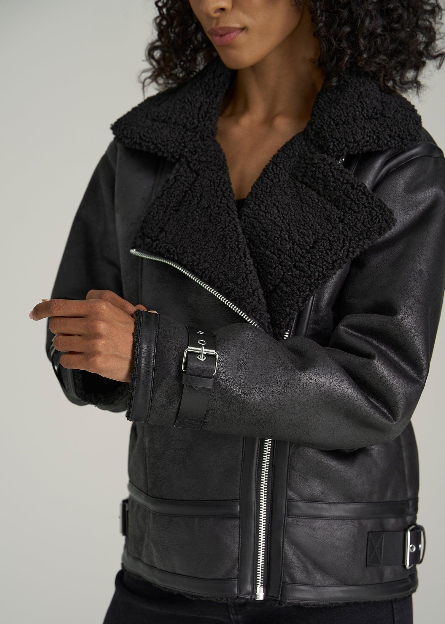 Shearling Moto Jacket for Tall Women in Black Product Image