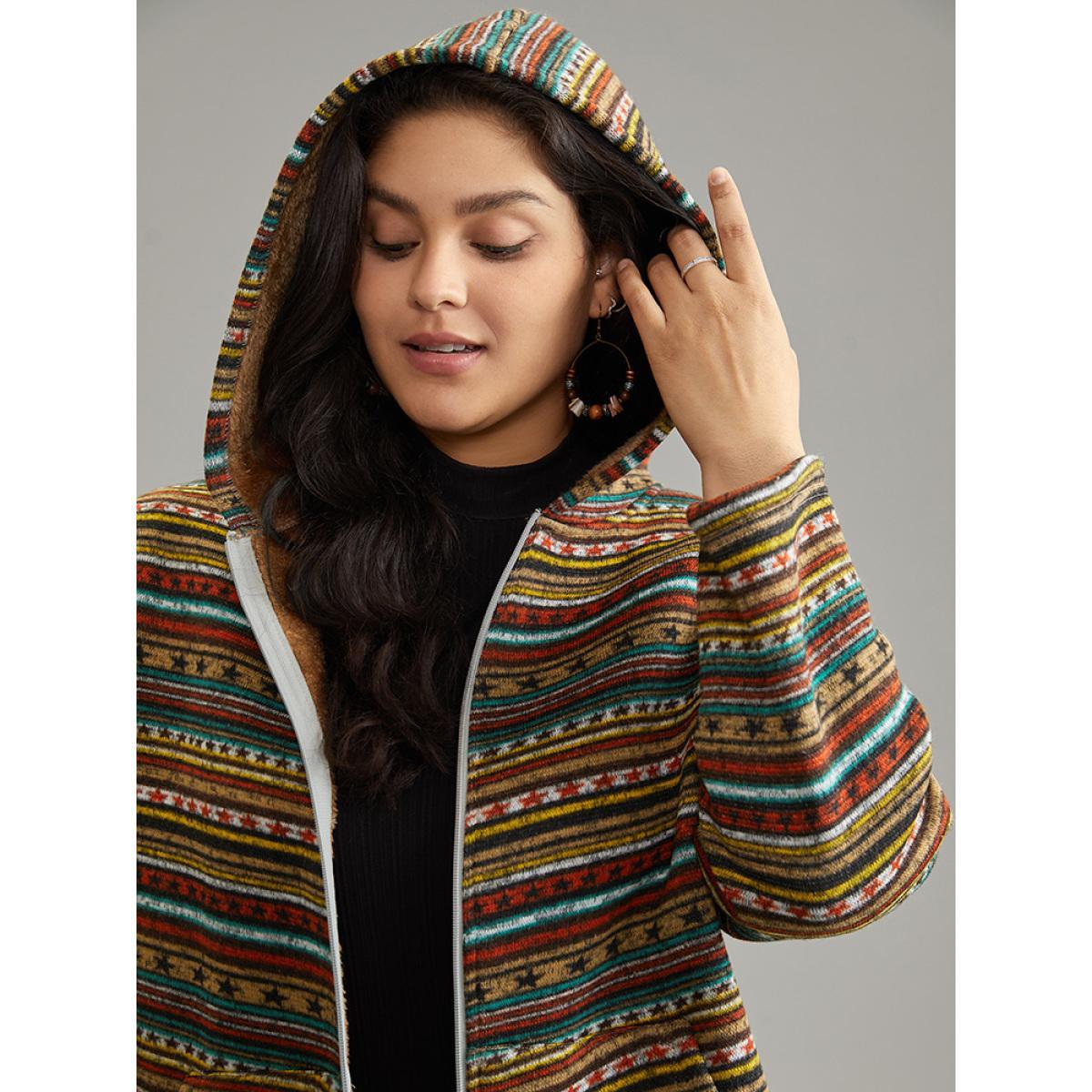 Plus Size Geometric Bandana Fluffy Hooded Zipper Jacket Women Bronze Contrast Pocket Dailywear Jackets BloomChic 12/L Product Image