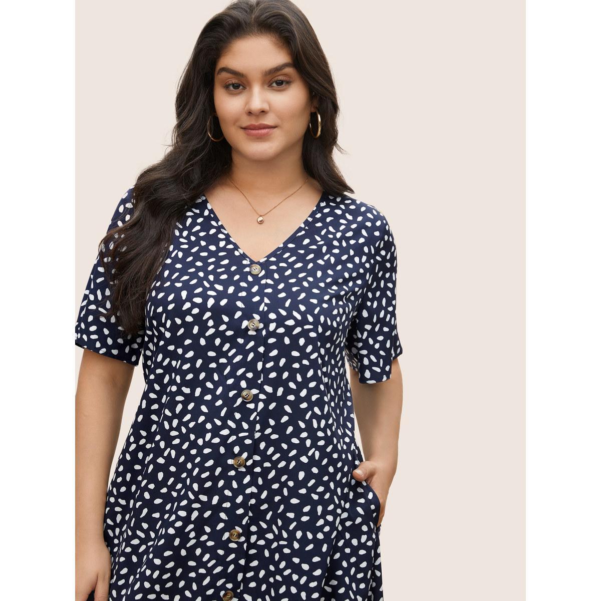 Plus Size Polka Dot Button Detail Flutter Layered Hem Dress DarkBlue Women Casual Non V-neck Short sleeve Curvy Midi Dress BloomChic 14-16/1X Product Image