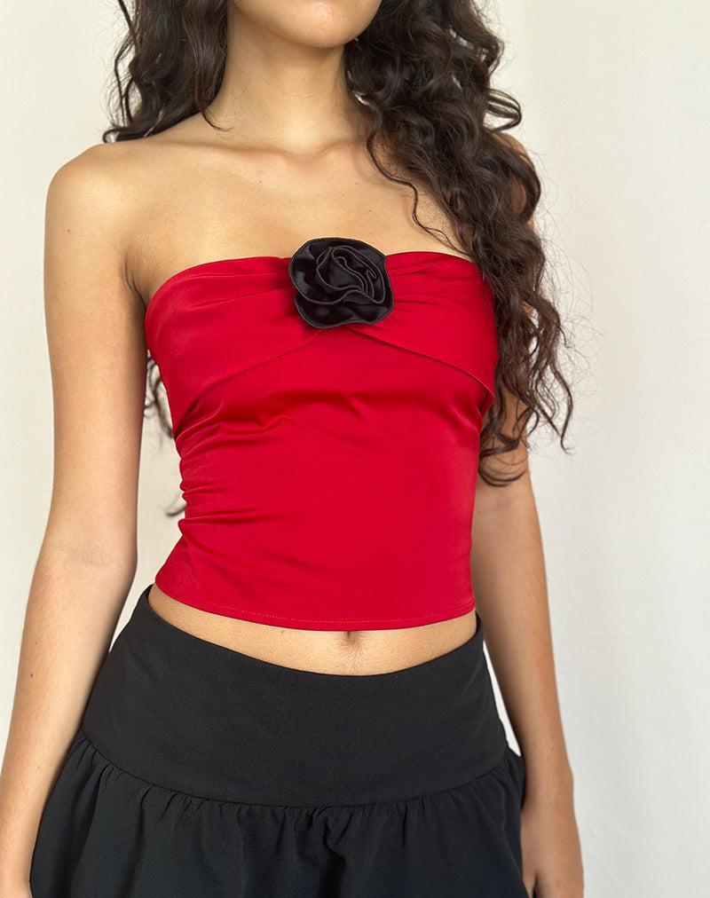 Astrum Satin Bandeau Top in Red with Black Rose Female Product Image