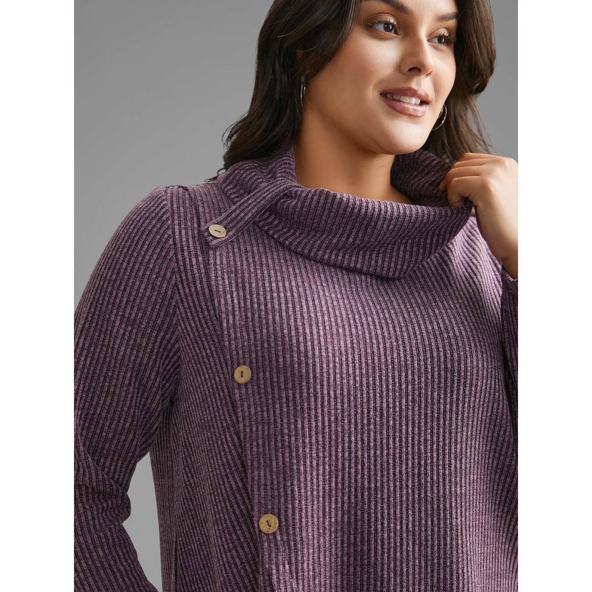 Plus Size Rib Knit Button Detail Wrap Hem Sweatshirt Women Mauve Casual Overlapping Loose Ruffled collar Everyday Sweatshirts BloomChic 30/6X Product Image