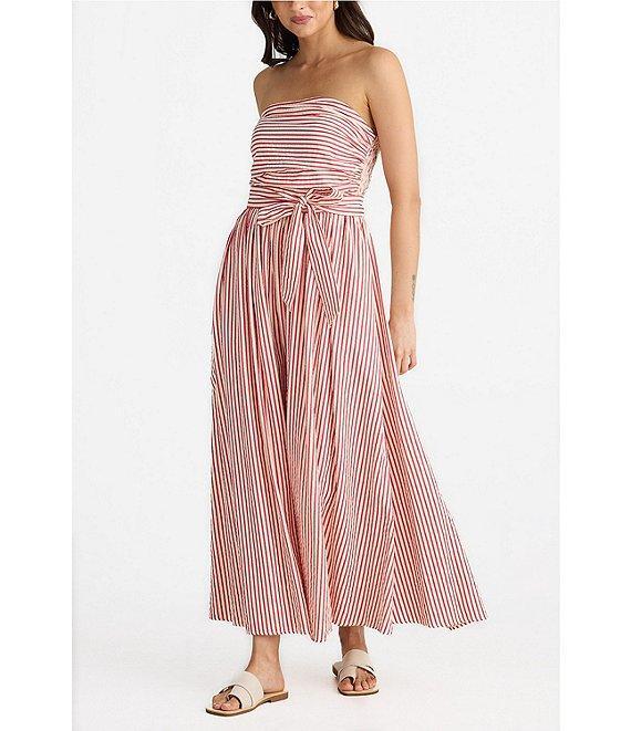 Brave + True Avalon Gathered Shirred Strapless Sleeveless Striped Seersucker Belted Maxi Dress Product Image