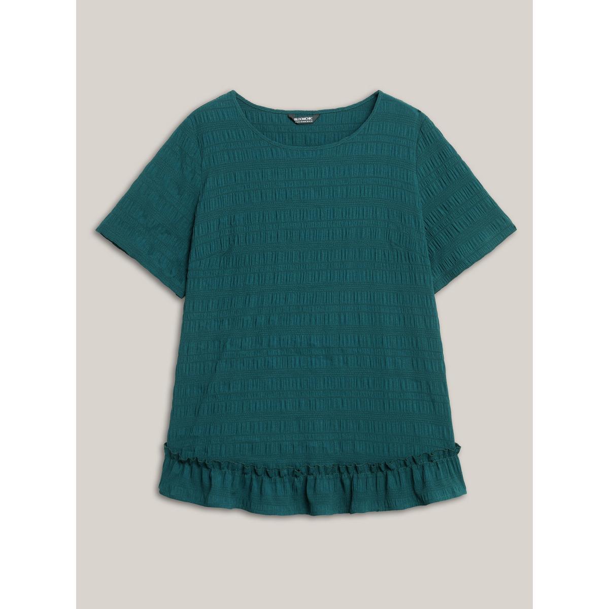 Plus Size Cyan Textured Spliced Ruffle Edge Top Women Casual Short sleeve Round Neck Everyday Blouses BloomChic 18-20/2X Product Image