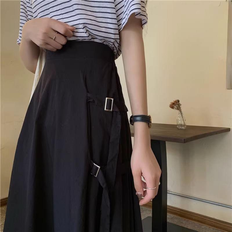 Elastic Waist Plain Asymmetrical Buckled Slit Midi A-Line Skirt Product Image