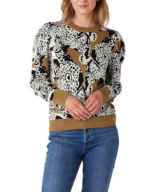 CROSBY by Mollie Burch Bixby Cashmere Blend Intarsia Leopard Crewneck Long Puff Sleeve Pullover Sweater Product Image