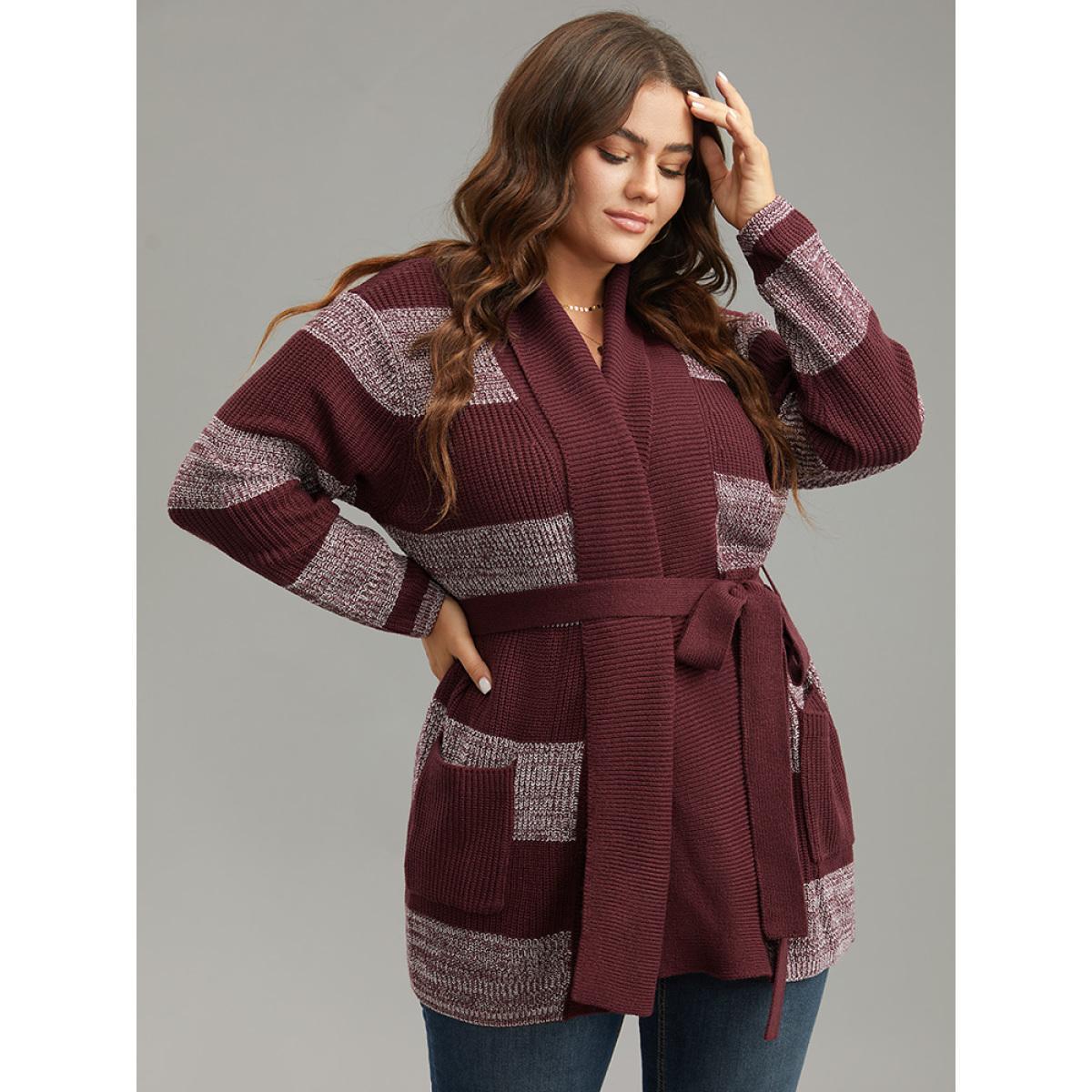 Plus Size Colorblock Heather Belted Pocket Cardigan Burgundy Women Casual Loose Long Sleeve Dailywear Cardigans BloomChic 18-20/2X Product Image