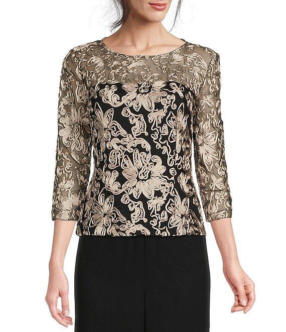 Alex Evenings Illusion Crew Neck 3/4 Sleeve Embroidered Floral Lace Top Product Image