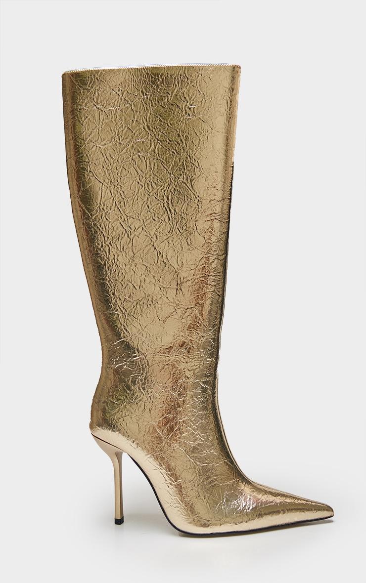 Gold PU Crinkle Point Toe Knee High Stiletto Heeled Boots Product Image