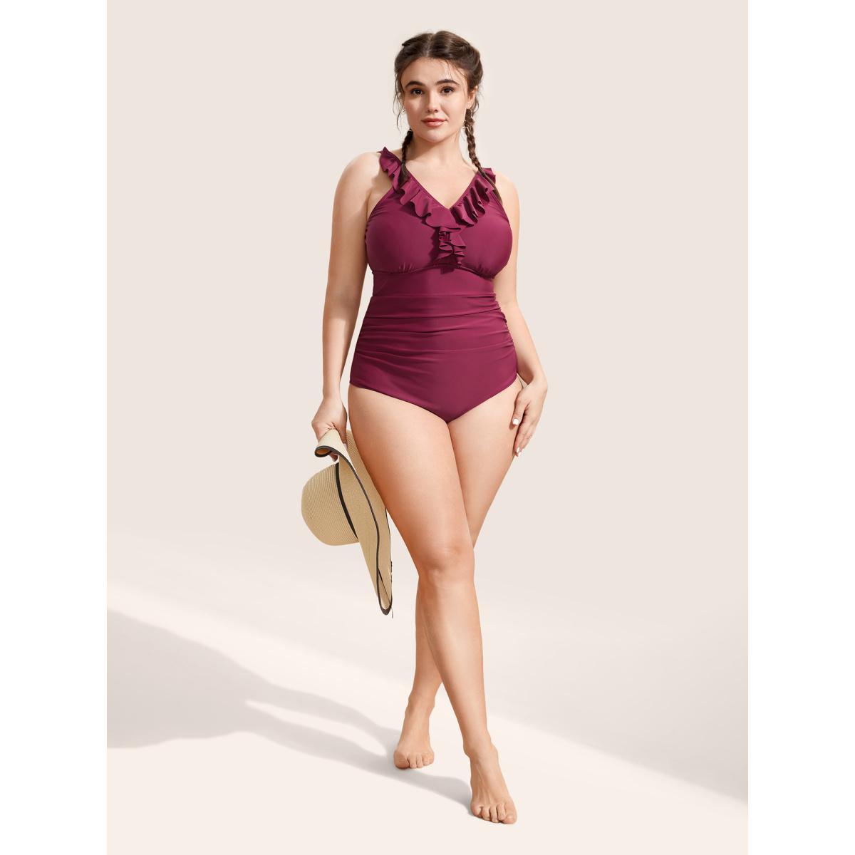 Plus Size Plain Ruffle Trim Gathered Sleeveless One Piece Swimsuit Women's Swimwear RedViolet Beach Gathered Curve Bathing Suits High stretch One Pieces BloomChic 18-20/2X Product Image