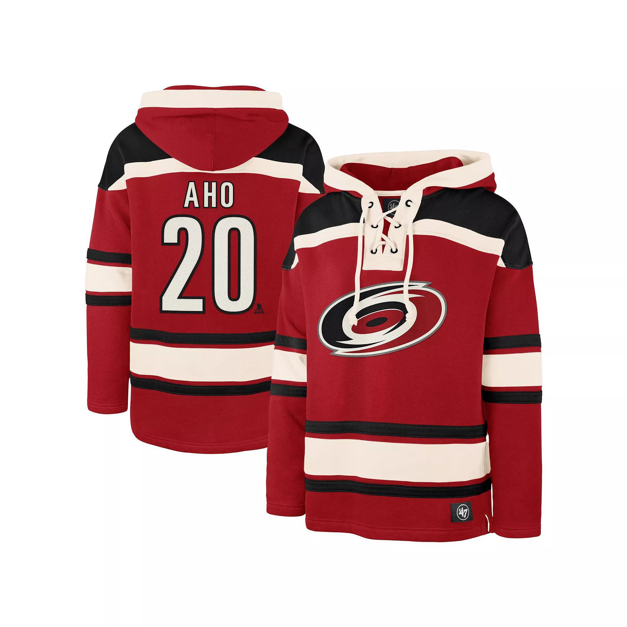 Men's '47 Sebastian Aho Red Carolina Hurricanes Player Name & Number Lacer Pullover Hoodie, Size: Medium Product Image