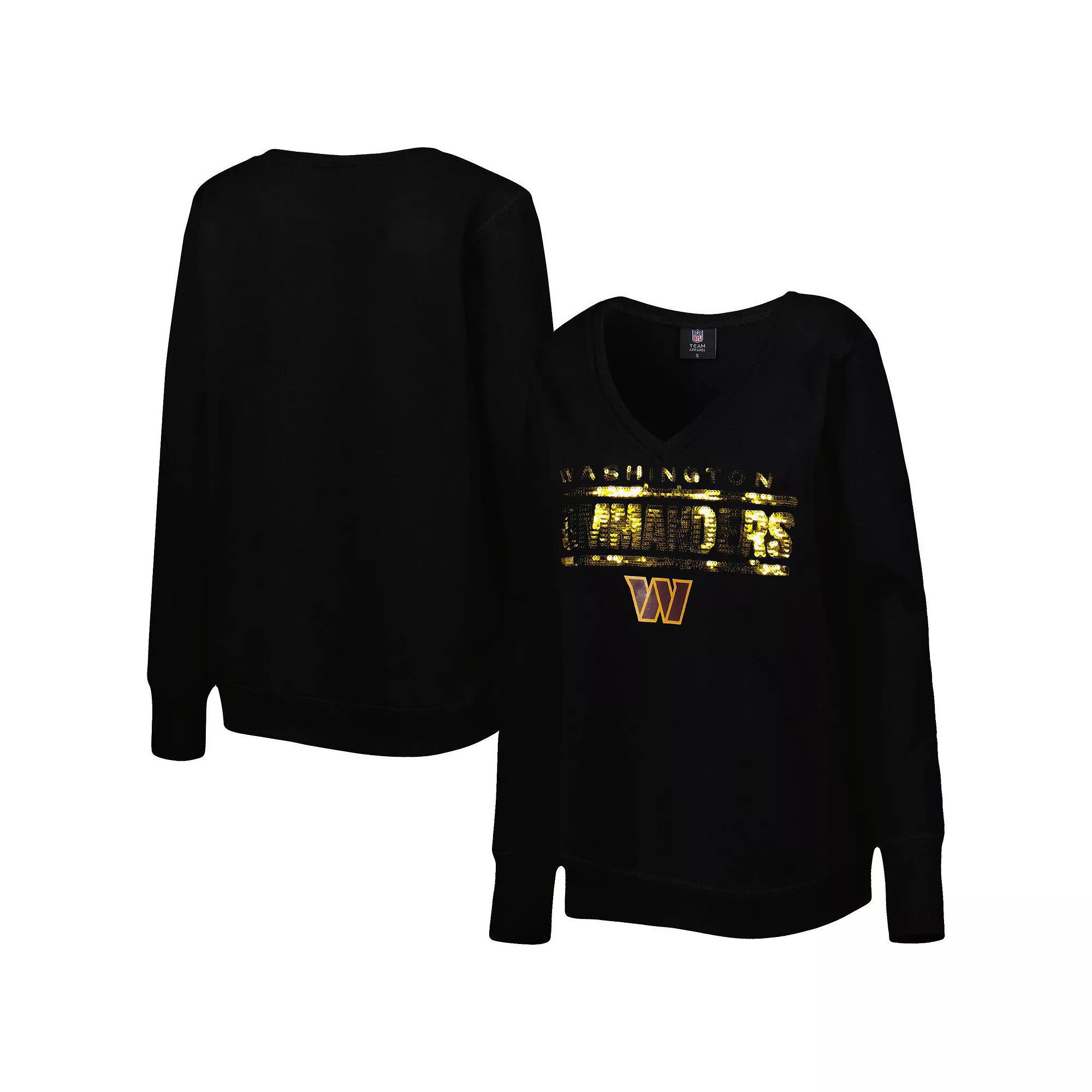 Women's Cuce Black Washington Commanders Sequin Logo V-Neck Pullover Sweatshirt, Size: Medium, Wft Black Product Image