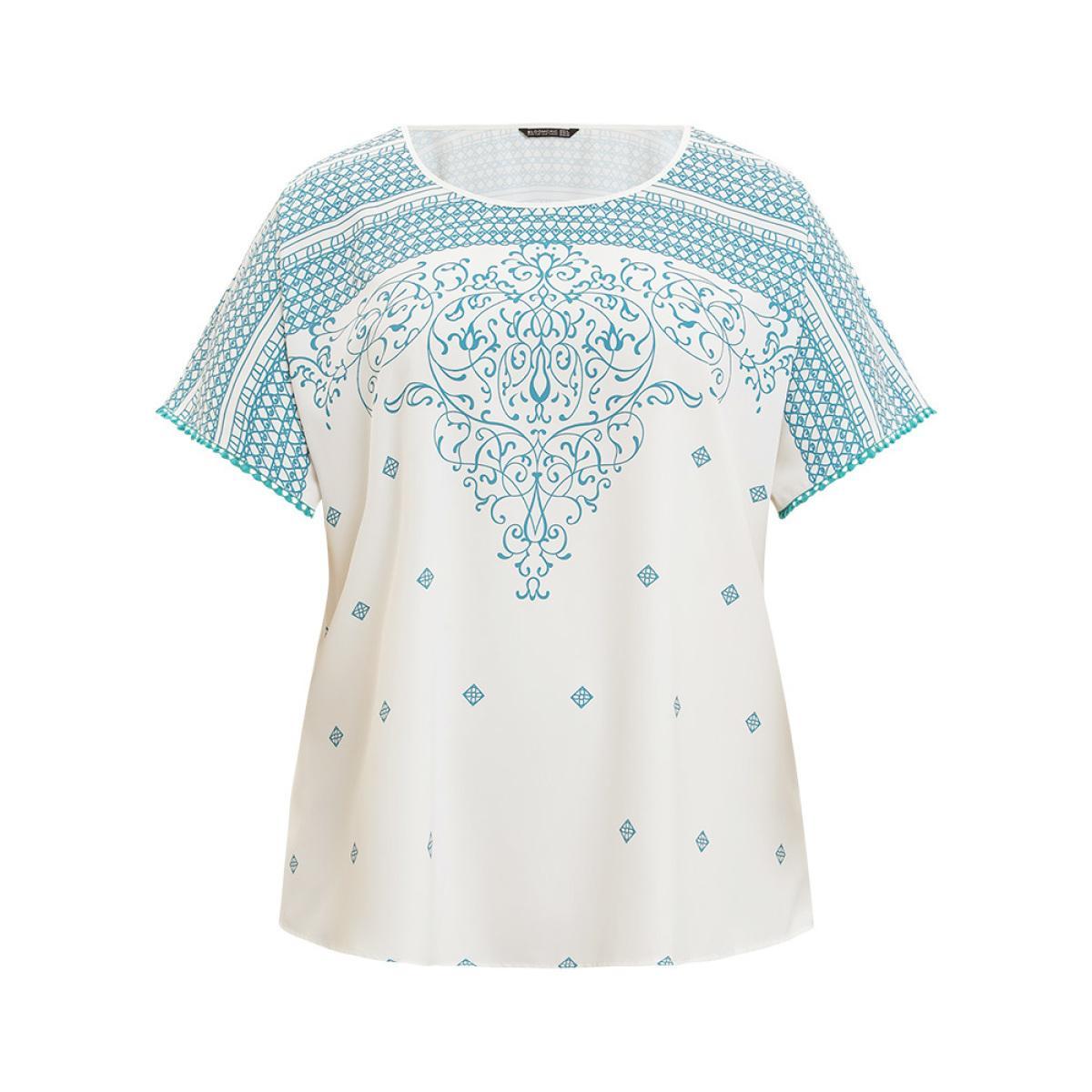 Plus Size White Moroccan Print Batwing Sleeve Pompom Trim Blouse Women Elegant Short sleeve Round Neck Dailywear Blouses BloomChic 18-20/2X Product Image