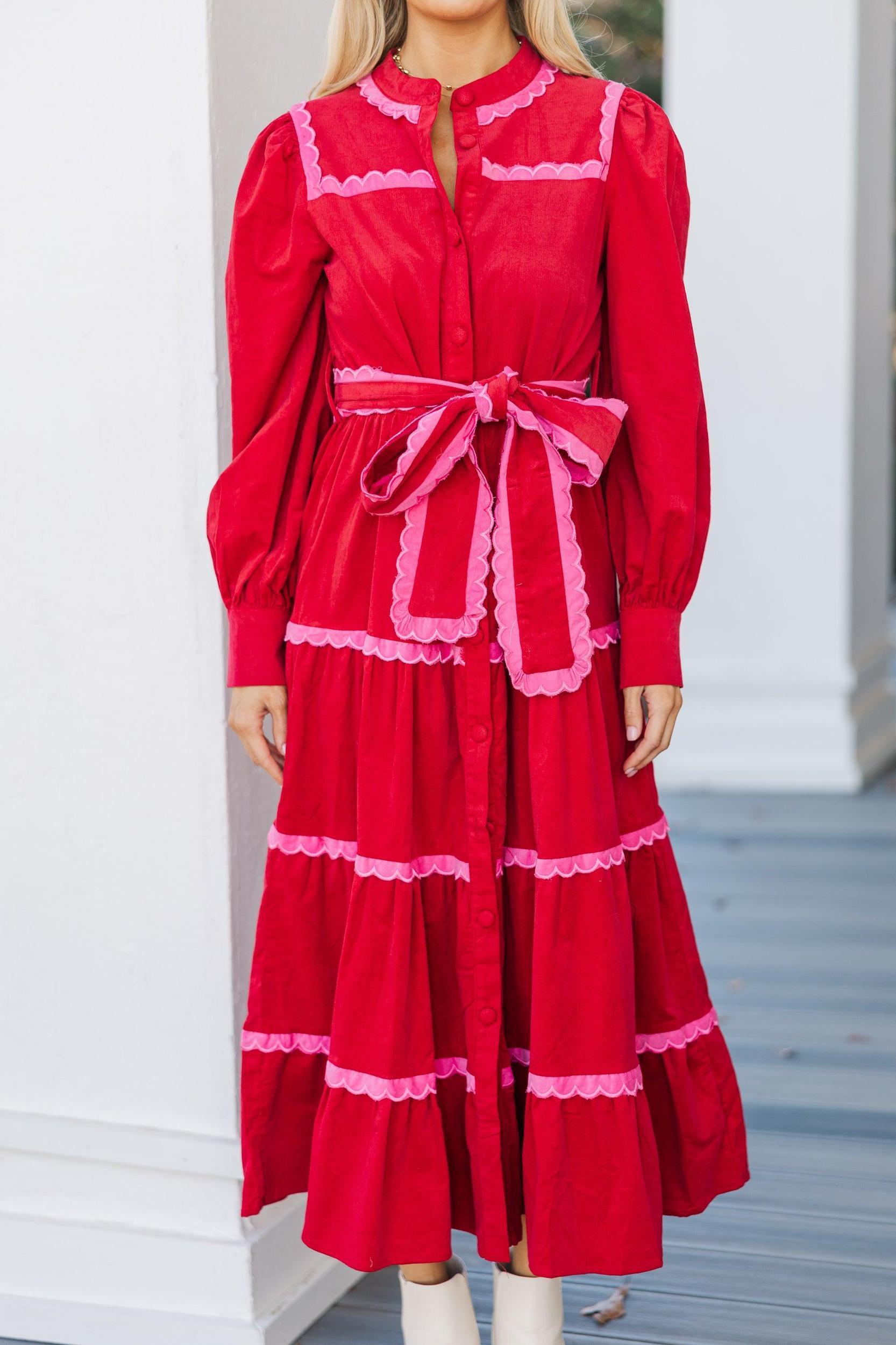 So In Love Red Scalloped Midi Dress Female Product Image