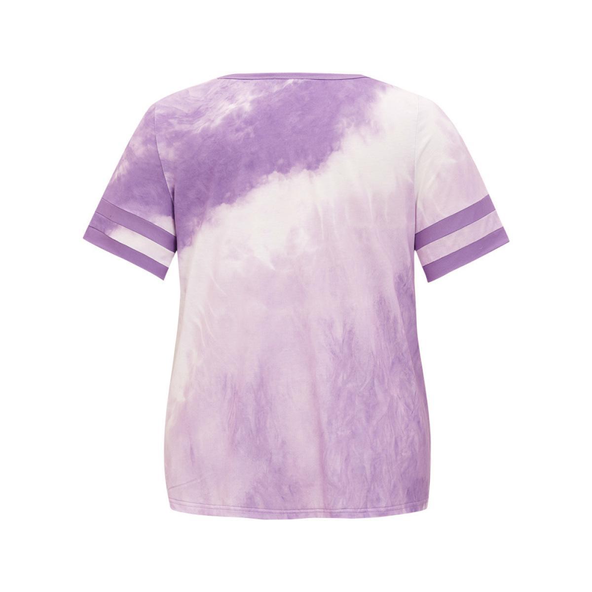 Plus Size Tie Dye V Neck Contrast Trim T-shirt Lilac Women Casual Contrast Tie Dye V-neck Dailywear T-shirts BloomChic 28/5X Product Image
