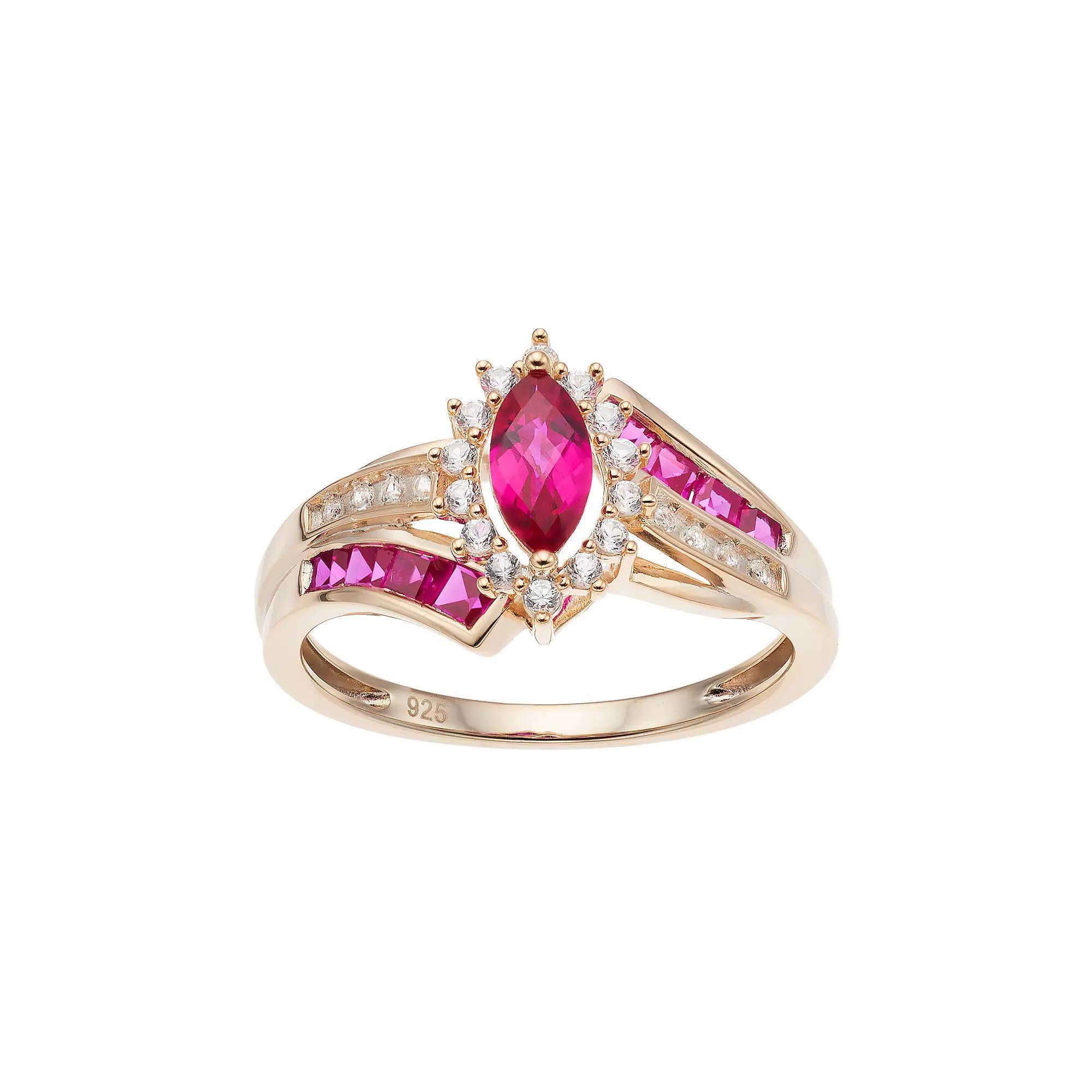 14k Gold Over Silver Lab-Created Ruby & White Sapphire Marquise Halo Ring, Women's, Size: 6, Gold Tone Product Image