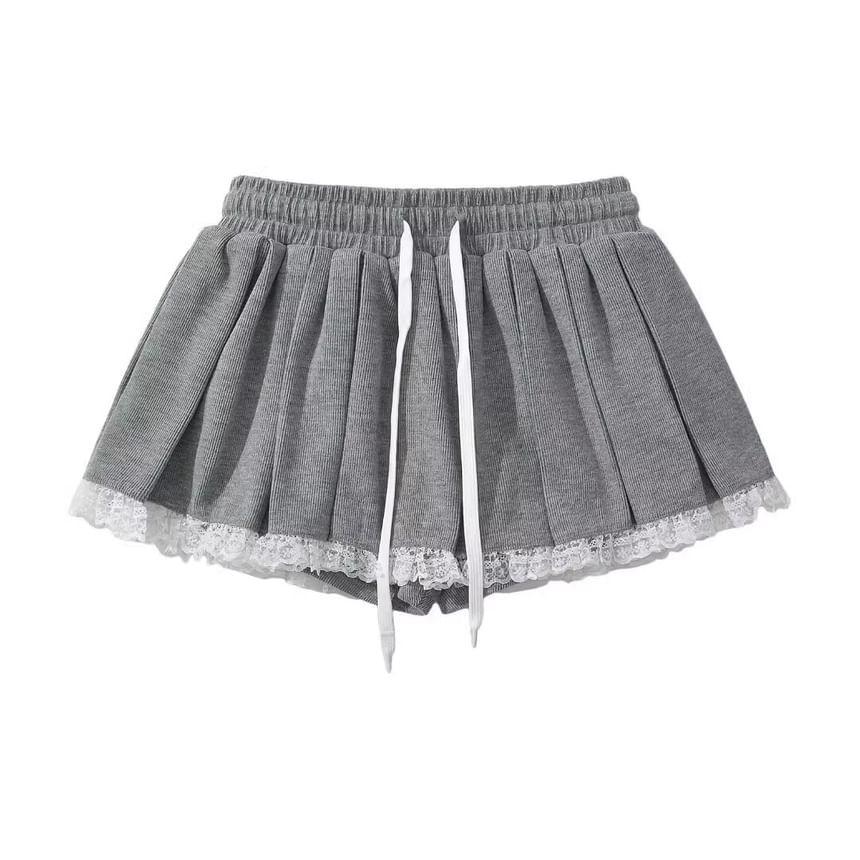 Set: Long-Sleeve Scoop Neck Plain Hooded Lace Trim Tee + Drawstring Waist Mini A-Line Skirt Product Image