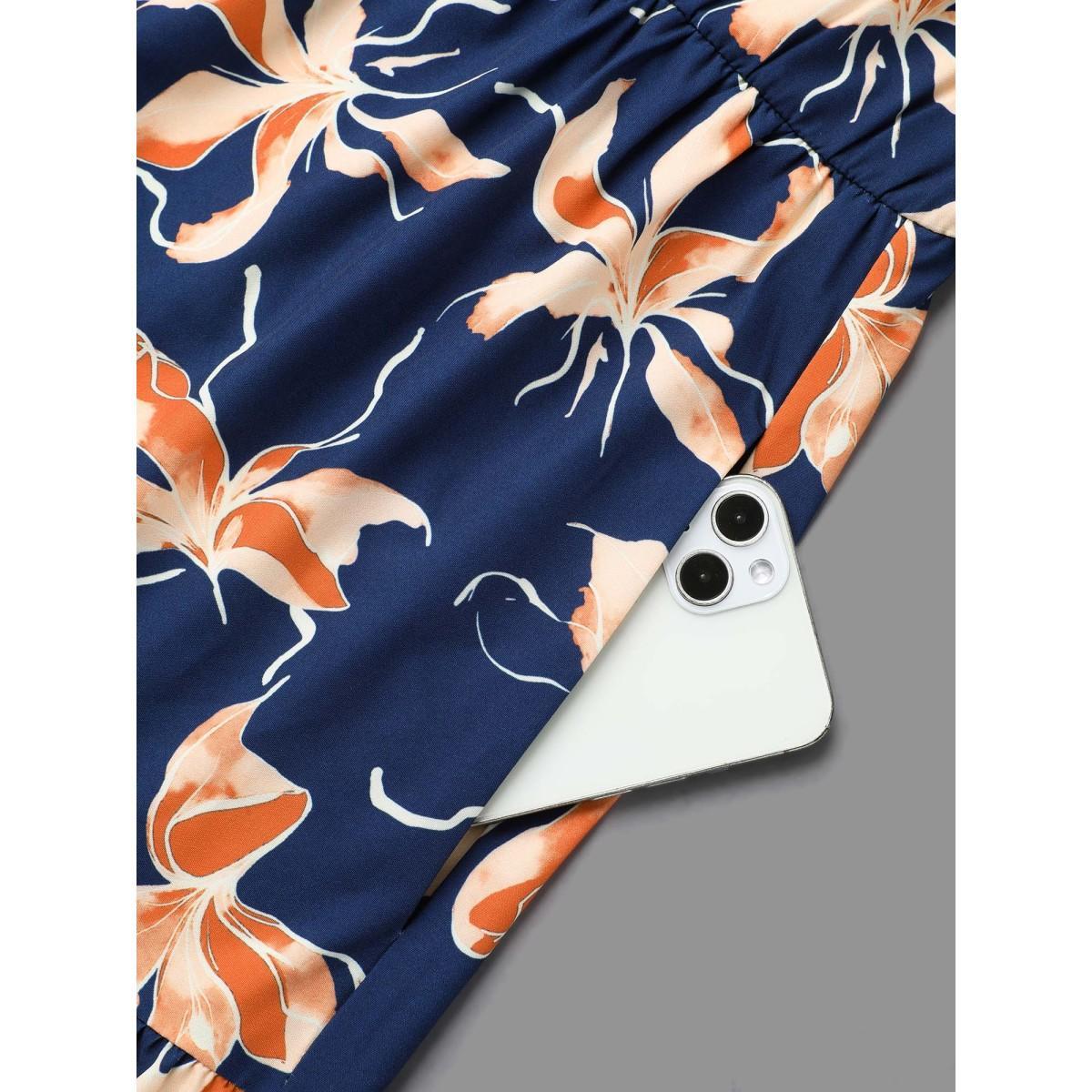 Plus Size Tropical Flower Print Pockets Waist-Tie Midi Dress Navy Women Elegant Tie knot Round Neck Long Sleeve Curvy BloomChic 22-24/3X Product Image